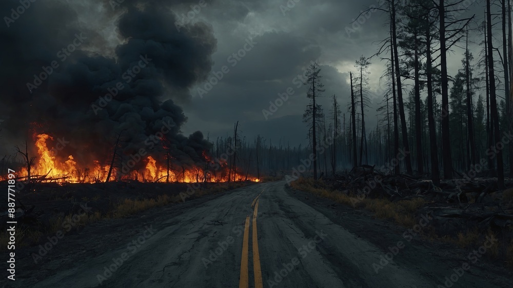Post apocalyptic highway Burning forest Dark gray fire smoke Embers and flames War zone Dry forest catching on fire Dark gray stormy sky. Post apocalyptic highway Burning forest Dark gray fire smoke Embers and flames War zone Dry forest catching on fire Dark gray stormy sky.