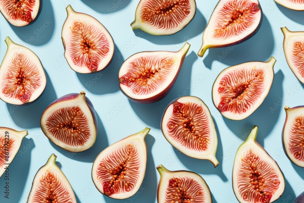 Fresh Figs Sliced on Light Blue Background in Daylight Fresh Figs Sliced on Light Blue Background in Daylight