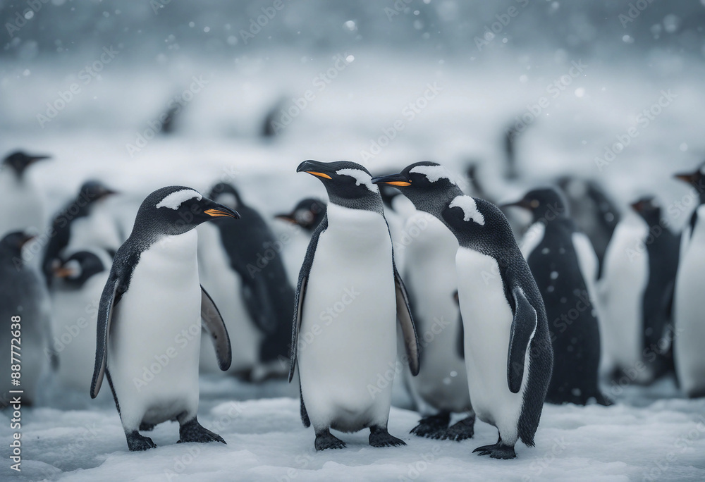 Obraz premium A colony of penguins huddling on the ice, overcast day 