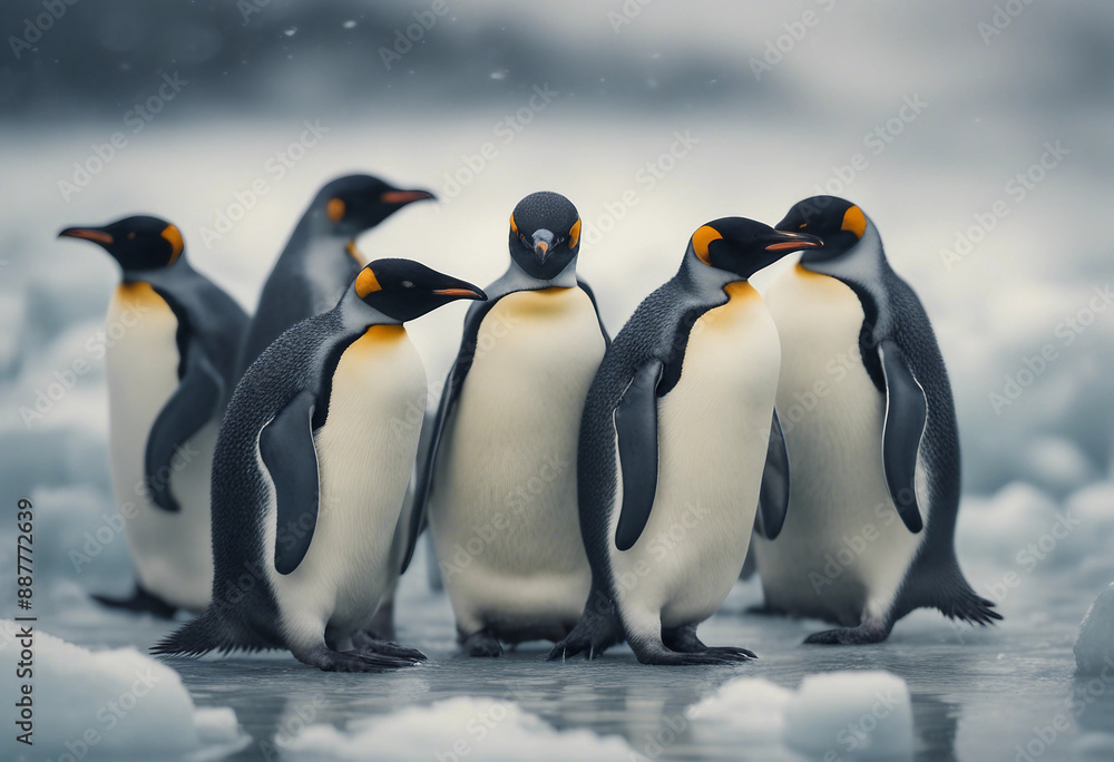 Fototapeta premium A colony of penguins huddling on the ice, overcast day 