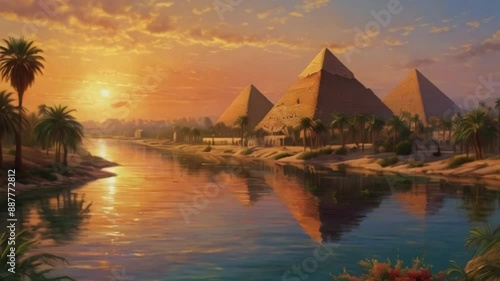 sunset over river with egyptian pyramids