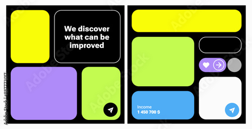 Bento web design. Futuristic simple shapes. Brutalist style. Y2K Geometry elements, square composition for social media. Trendy Web frame set, colorful blocks, grid concept. web layout. Ui template.
