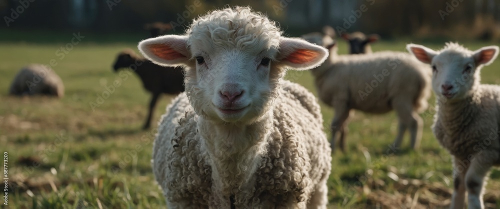 Obraz premium White lamb in field in front of other animals.