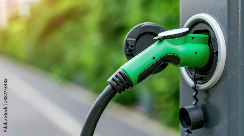 Close-up of a green electric vehicle charging plug connected to a charging station with a blurred background of greenery. Close-up of a green electric vehicle charging plug connected to a charging station with a blurred background of greenery.
