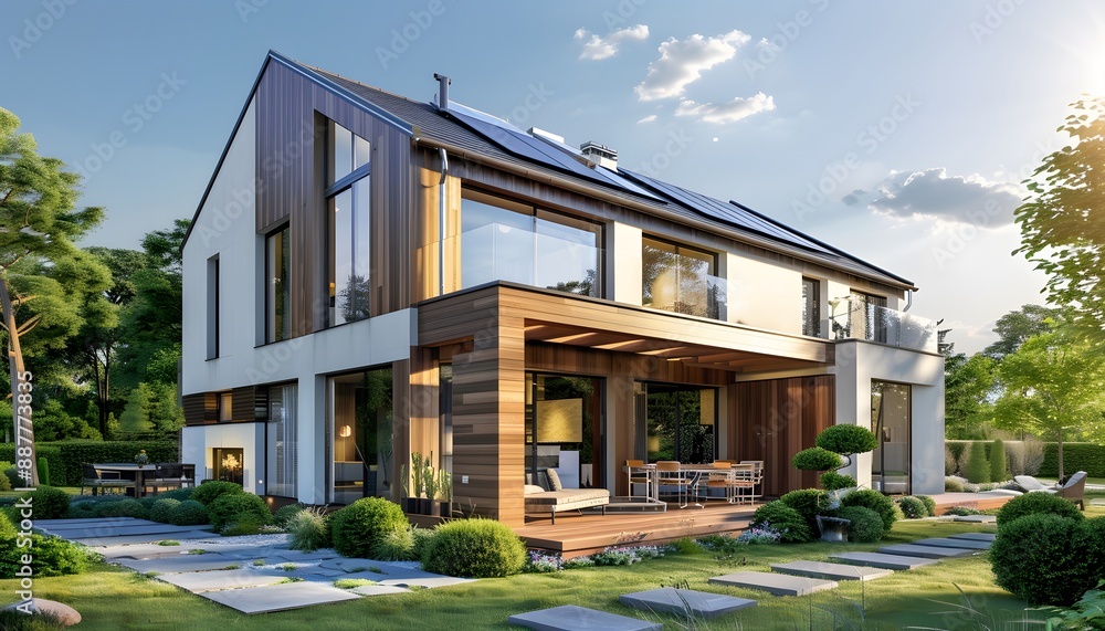 Fototapeta premium A modern house with solar panels on the roof, in front of it is an open garden full of flowers and grass