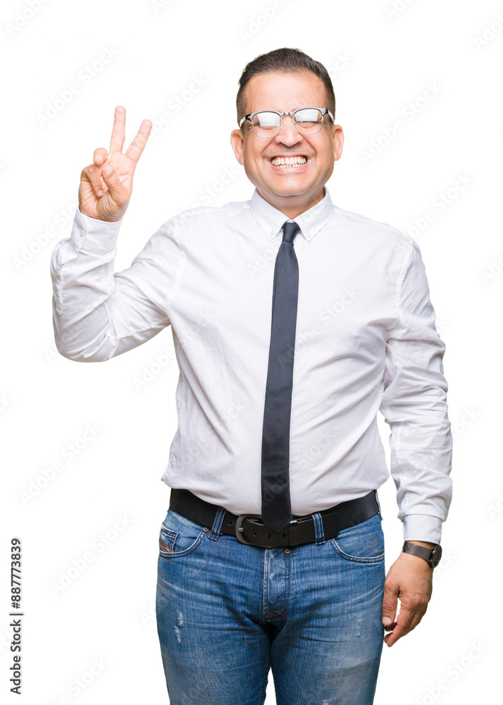 Middle age bussines arab man wearing glasses over isolated background showing and pointing up with fingers number two while smiling confident and happy. Middle age bussines arab man wearing glasses over isolated background showing and pointing up with fingers number two while smiling confident and happy.