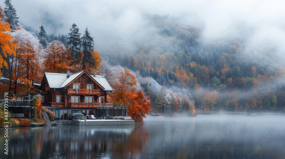 Fototapeta premium Vacation house with scenic view in Fall with colorful foliage by lake