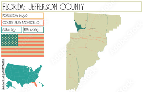 Large and detailed map of Jefferson County in Florida USA.