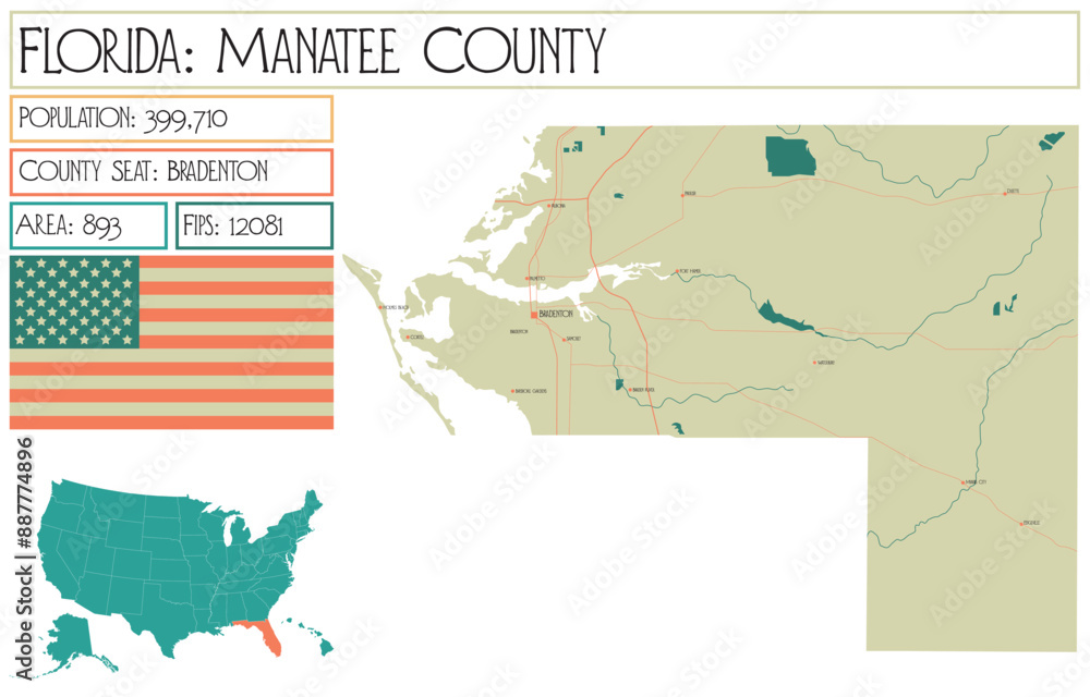 Obraz premium Large and detailed map of Manatee County in Florida USA.