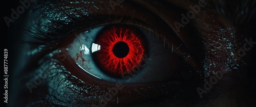 Flaming red eye of a mysterious man Serious expression Evil man in the dark Intense gaze Paranormal glowing eye concept Closeup of glowing evil eyes in the dark Halloween horror concept.
