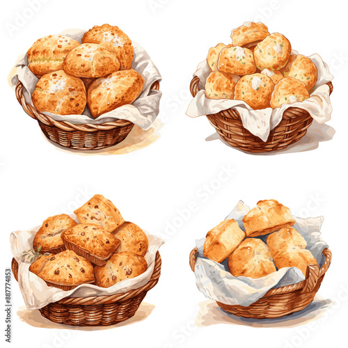 Four baskets of different types of baked goods, including biscuits and scones