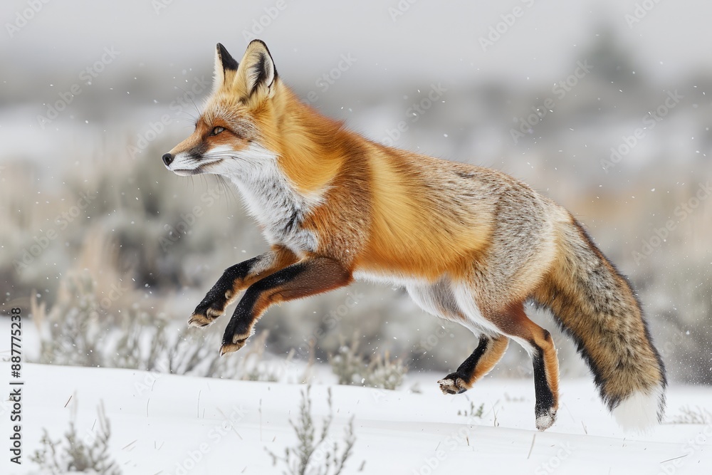Dynamic image of a red fox jumping in the snowy wilderness. Dynamic image of a red fox jumping in the snowy wilderness.