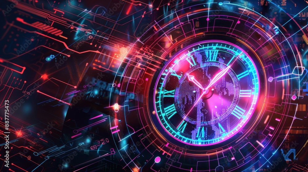 Fototapeta premium Futuristic Clock with Neon Lights