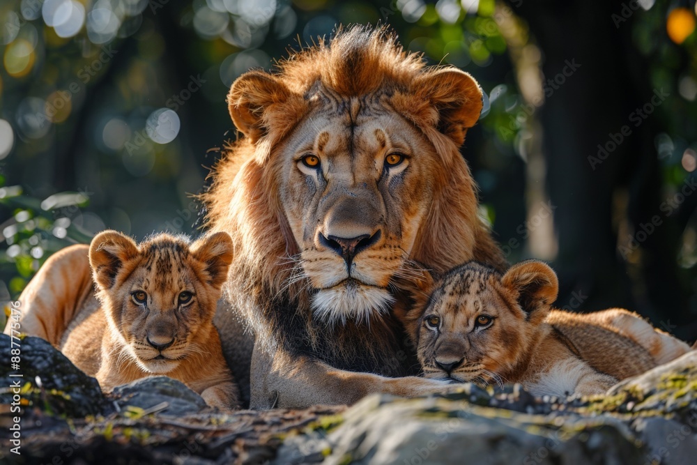 A majestic lion with his two cubs, resting together and displaying a strong family bond in their natural habitat. A majestic lion with his two cubs, resting together and displaying a strong family bond in their natural habitat.