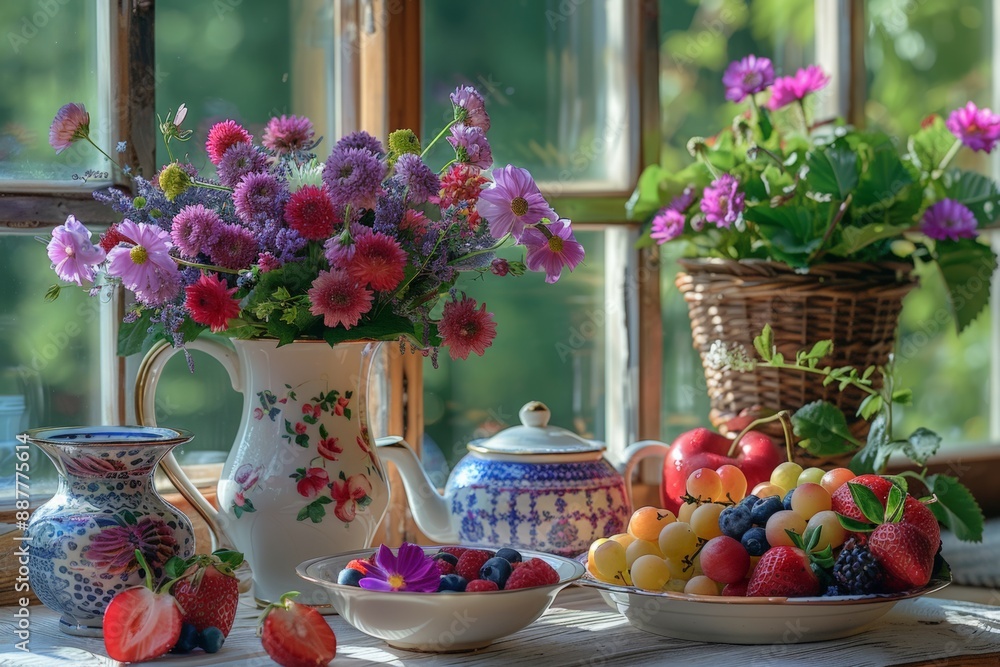A beautiful floral arrangement next to fresh fruits on a table by a sunny window, creating a vibrant and cheerful atmosphere. A beautiful floral arrangement next to fresh fruits on a table by a sunny window, creating a vibrant and cheerful atmosphere.
