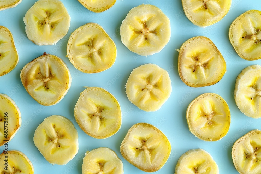 Fresh Banana Slices on Light Blue Background Fresh Banana Slices on Light Blue Background