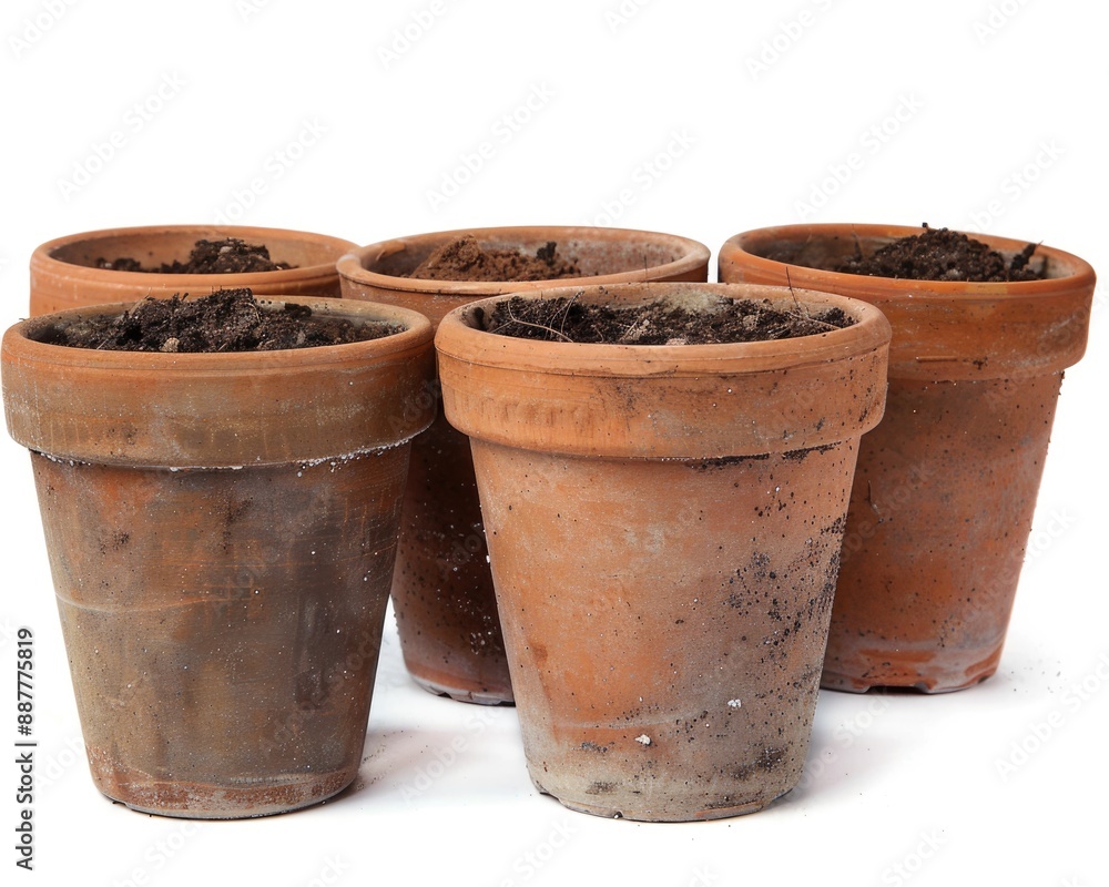 Flower Pots. Clay Pots with Soil Isolated on White Background Flower Pots. Clay Pots with Soil Isolated on White Background