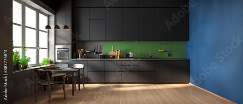 Sunlight streaming through a window illuminating a modern kitchen with black cabinets, a green backsplash, and wooden furniture