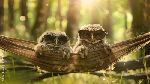 Two baby owl on hammock, bird on branch. AI generated illustration photo