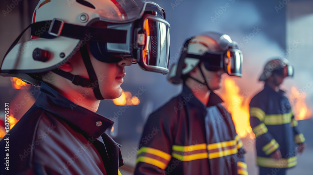 Obraz premium Firefighters wearing helmets and protective gear amidst flames and smoke, actively engaged in a firefighting scenario.