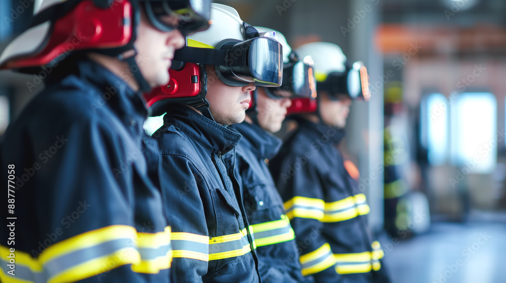 Group of firefighters in uniform and safety gear lined up, wearing helmets and protective goggles in a training or readiness scenario. Group of firefighters in uniform and safety gear lined up, wearing helmets and protective goggles in a training or readiness scenario.