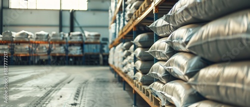 Large industrial warehouse organizing goods for distribution, the metallic shelves are lled with large bags of products photo