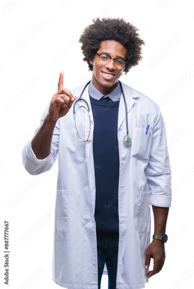 Afro american doctor man over isolated background showing and pointing up with finger number one while smiling confident and happy. Afro american doctor man over isolated background showing and pointing up with finger number one while smiling confident and happy.