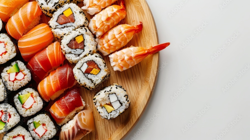 copy space, japanese sushi with wooden plate, white background copy space, japanese sushi with wooden plate, white background