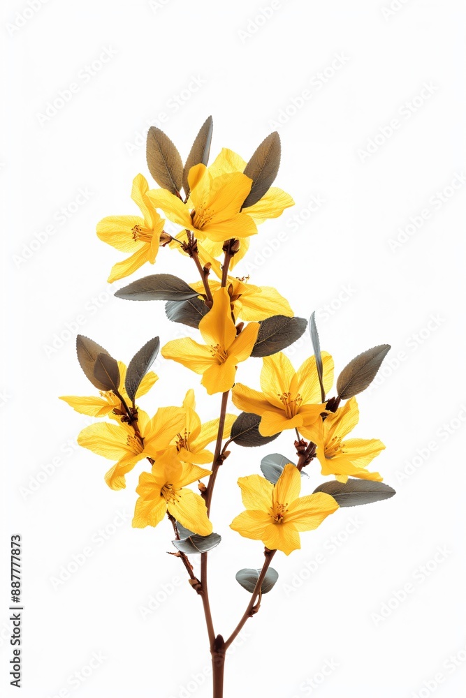 A sprig of delicate yellow flowers with green leaves against a white background. A sprig of delicate yellow flowers with green leaves against a white background.