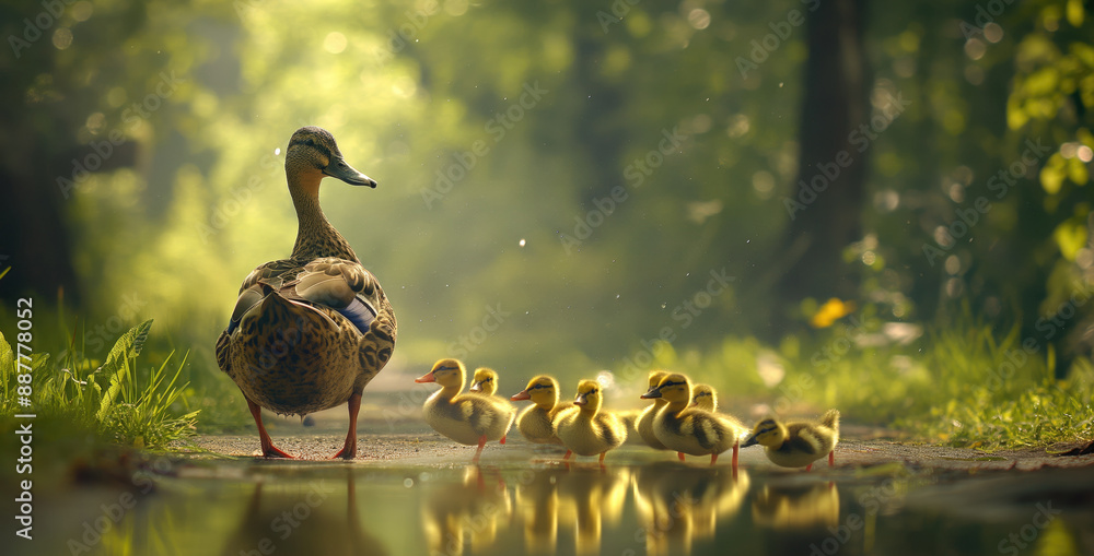 Fototapeta premium Mama duck and the ducklings in the pond.