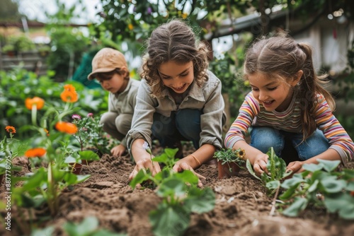 An endearing image of a mother and her children gardening in their backyard. They plant flowers and vegetables, getting their hands dirty in the soil. The photo showcases their teamwork, love for