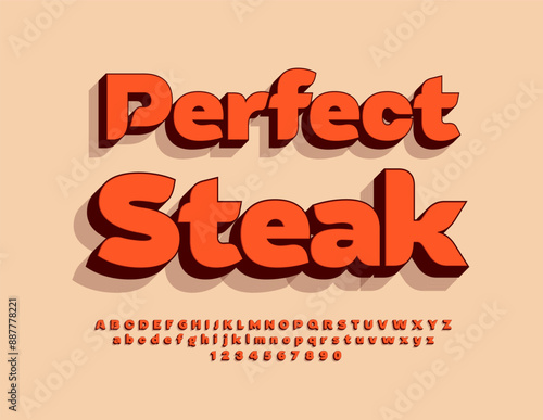 Vector advertising banner Perfect Steak. Stylish Red Font with Shadow. Modern 3D Alphabet Letters and Numbers set.
