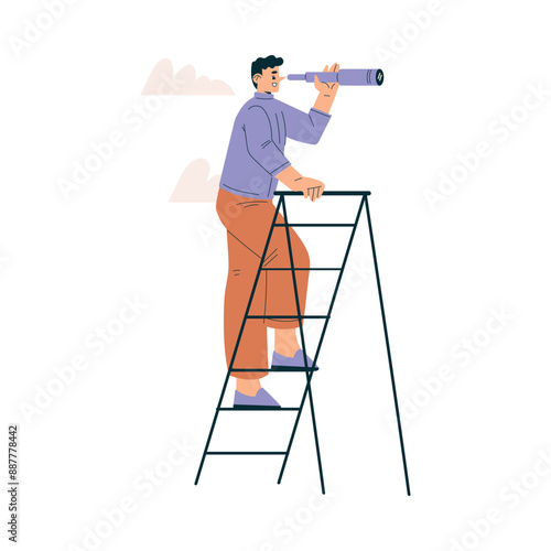 Look to Future with Man Character Climb Ladder with Telescope View Horizon Vector Illustration