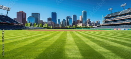 Serene Panoramic View of Pristine Empty Baseball Field under Clear Sky