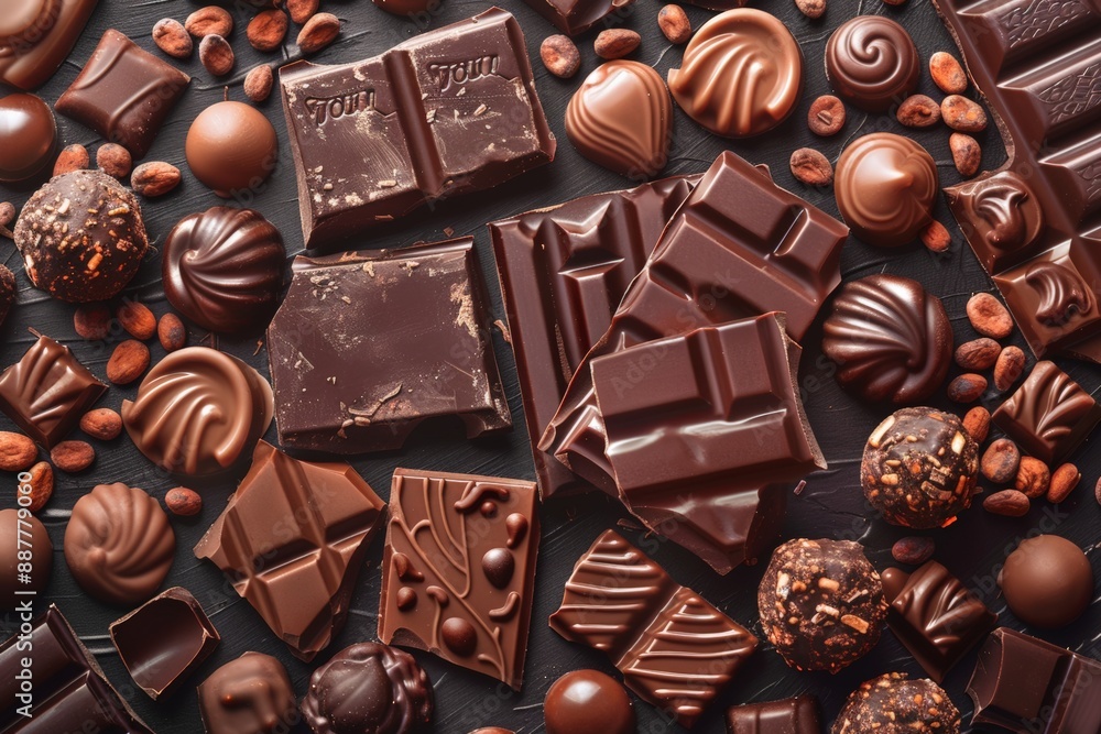 A variety of chocolates with different shapes and textures, showcasing luxurious and decadent treats. A variety of chocolates with different shapes and textures, showcasing luxurious and decadent treats.