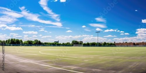 Serene Panoramic Landscape of an Empty Field Hockey Pitch with Crisp Lines and Deserted Bleachers