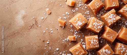 Golden butterscotch toffee caramels and salted caramel pieces sprinkled with sea salt displayed on a brown background with space for text or images. with copy space image