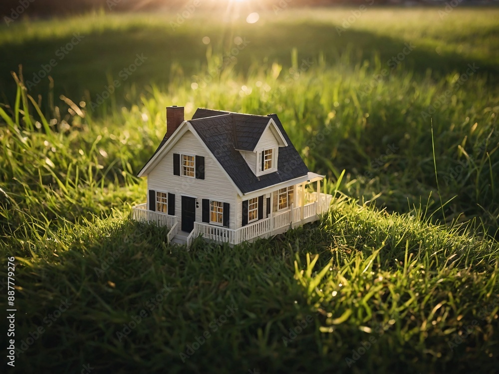 Sunlit grassy background with model home, symbolizing life and home Sunlit grassy background with model home, symbolizing life and home