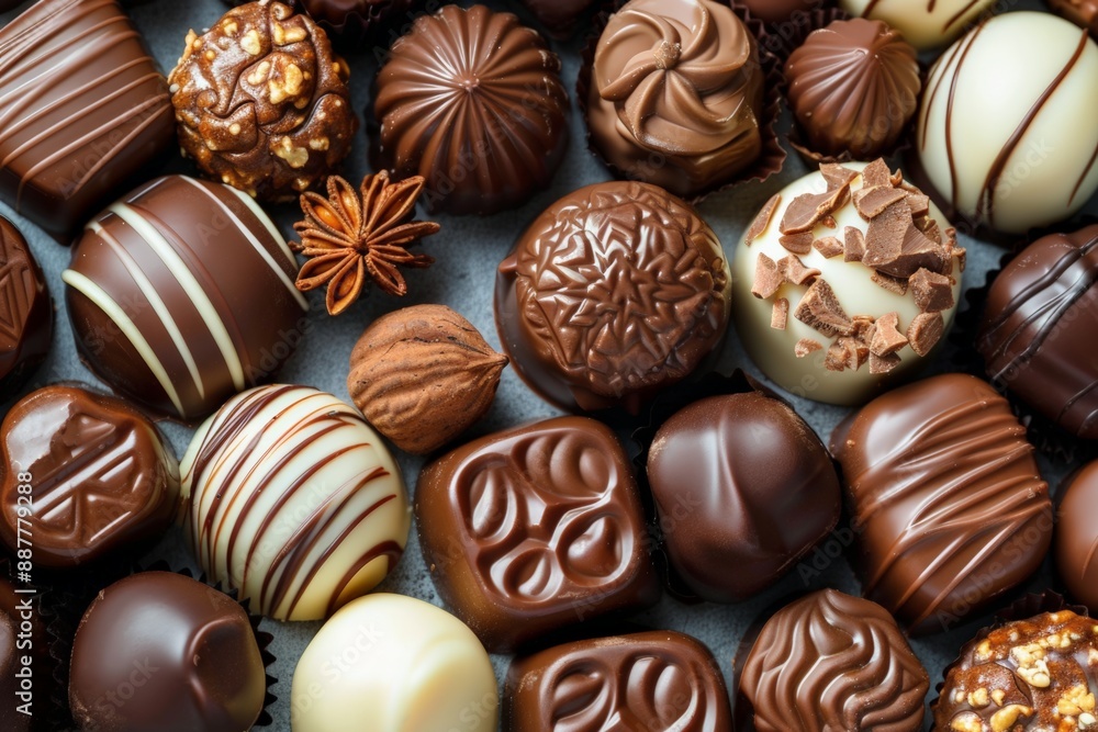 An assortment of gourmet chocolates in various shapes and flavors, arranged neatly, showcasing a luxurious and decadent treat. An assortment of gourmet chocolates in various shapes and flavors, arranged neatly, showcasing a luxurious and decadent treat.