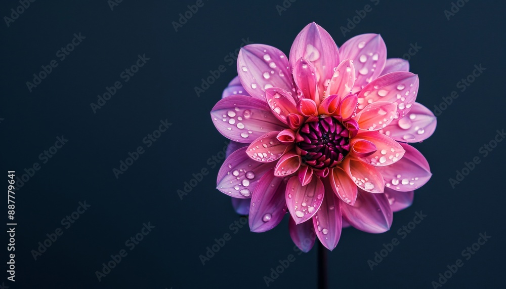 Blooming dahlia flower with delicate petals adorned with glistening dew drops, contrasted against a dark backdrop Blooming dahlia flower with delicate petals adorned with glistening dew drops, contrasted against a dark backdrop
