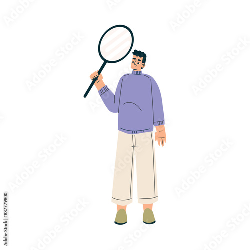 Look to Future with Man Character with Magnifier View Horizon Vector Illustration