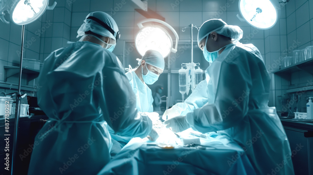 Surgeons performing a surgical operation in an operating room with medical equipment and bright lights Surgeons performing a surgical operation in an operating room with medical equipment and bright lights