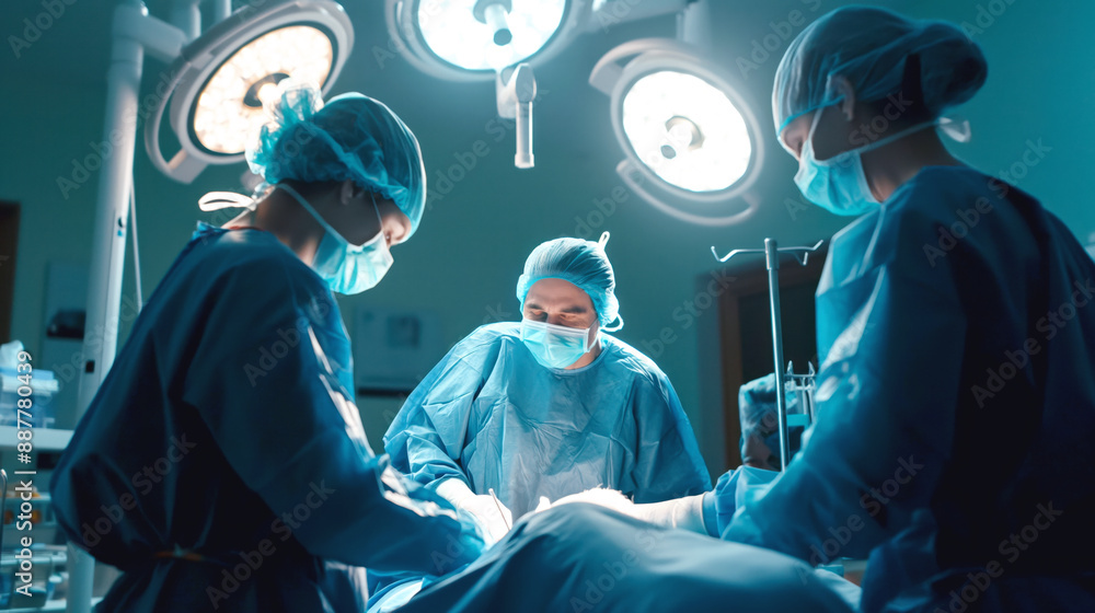 A surgical team performing an operation in a well-lit operating room, with surgeons wearing blue surgical gowns, gloves, masks, and caps. A surgical team performing an operation in a well-lit operating room, with surgeons wearing blue surgical gowns, gloves, masks, and caps.