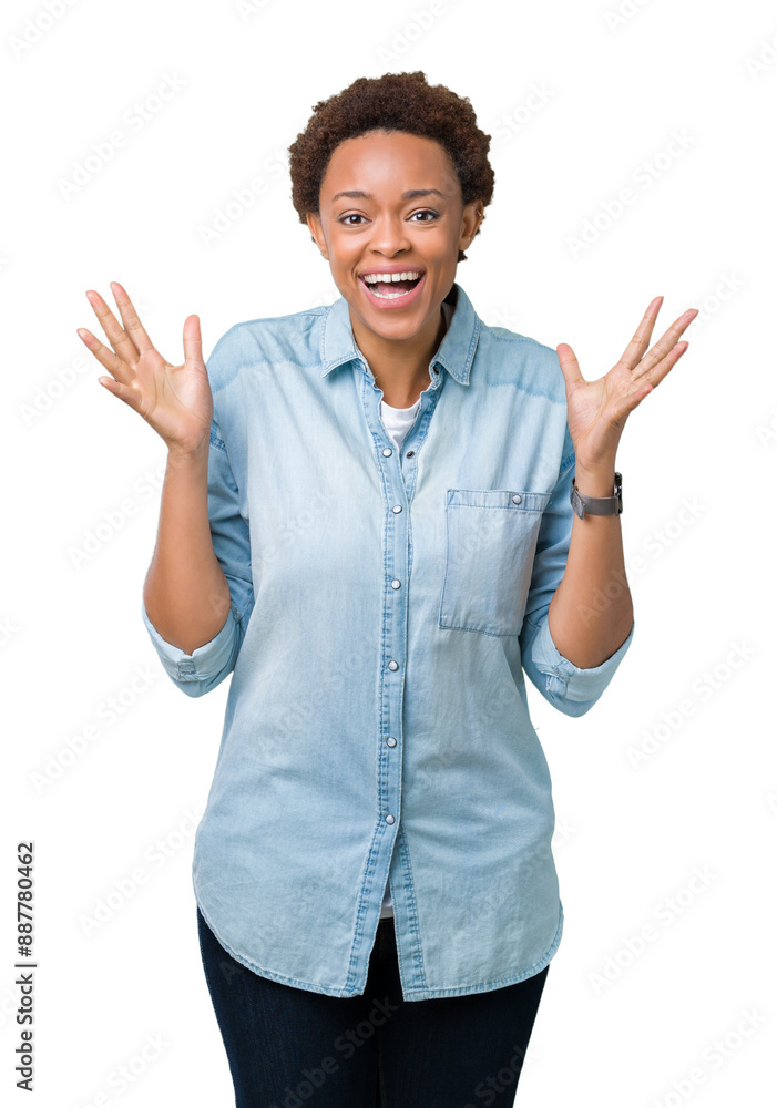 Young beautiful african american woman over isolated background celebrating crazy and amazed for success with arms raised and open eyes screaming excited. Winner concept Young beautiful african american woman over isolated background celebrating crazy and amazed for success with arms raised and open eyes screaming excited. Winner concept