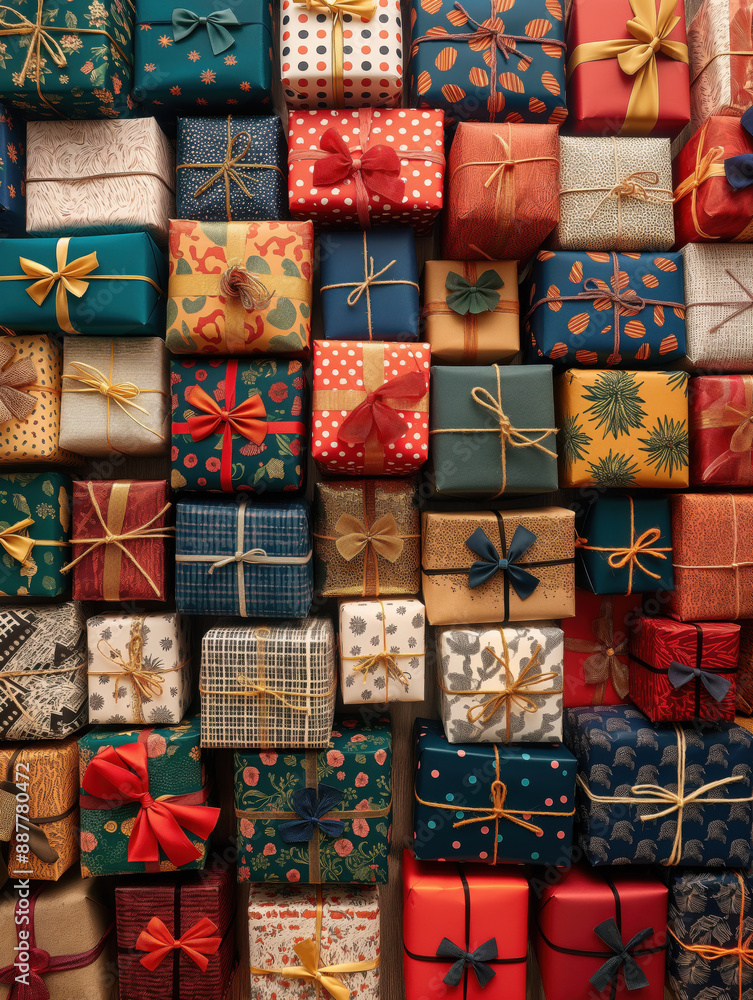 Riesiger Stapel Geschenke, verpackt in verschiedenen Mustern und Farben, Ansicht von oben Riesiger Stapel Geschenke, verpackt in verschiedenen Mustern und Farben, Ansicht von oben