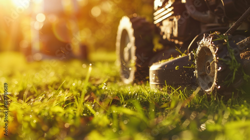 Wallpaper Mural Close-up to a working lawn mower on the green grass at bright sunny summer day on the backyard as a advertisement backdrop Torontodigital.ca