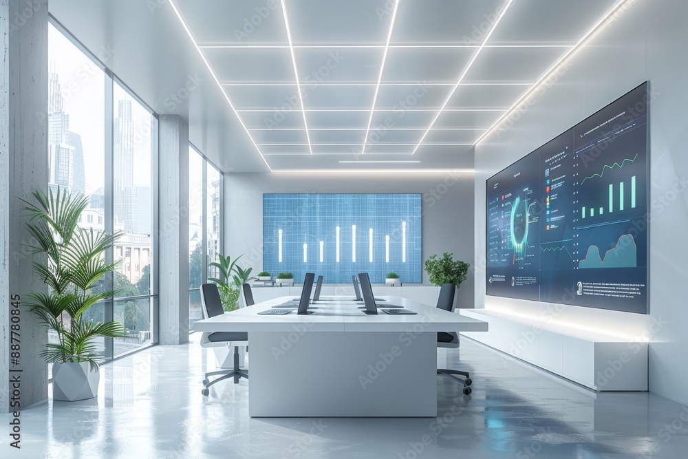 A modern office with devices. Working atmosphere. Generative AI A modern office with devices. Working atmosphere. Generative AI