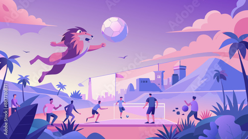 A lion scores in upside down football, beach scene and audience are jungle animals