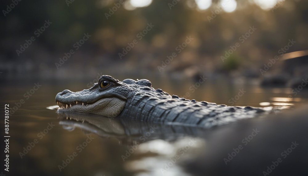Fototapeta premium A crocodile lurking in the river, dusk 
