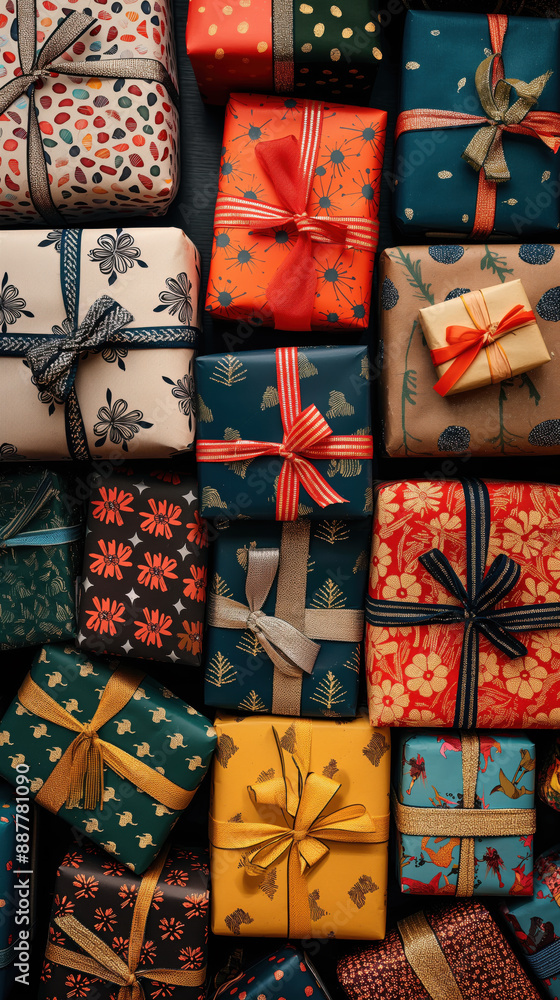 Riesiger Stapel Geschenke, verpackt in verschiedenen Mustern und Farben, Ansicht von oben Riesiger Stapel Geschenke, verpackt in verschiedenen Mustern und Farben, Ansicht von oben